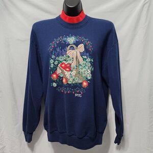 Vintage Womens Apple Print Navy Red Pullover  L Grandma Core 90s USA Sweatshirt